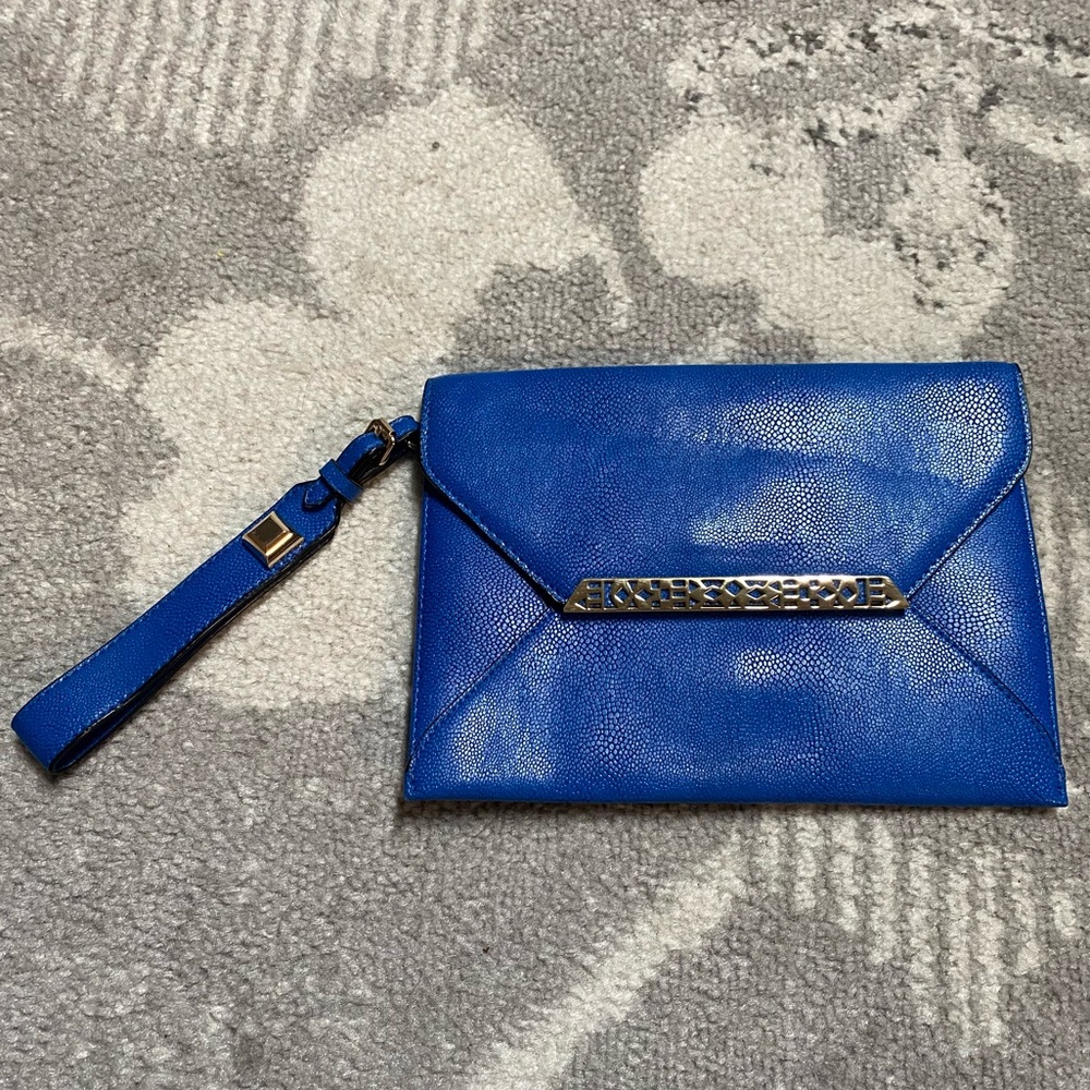 Stella & Dot Bright Avalon Blue Leather Gold Hardware Envelope Clutch Wristlet